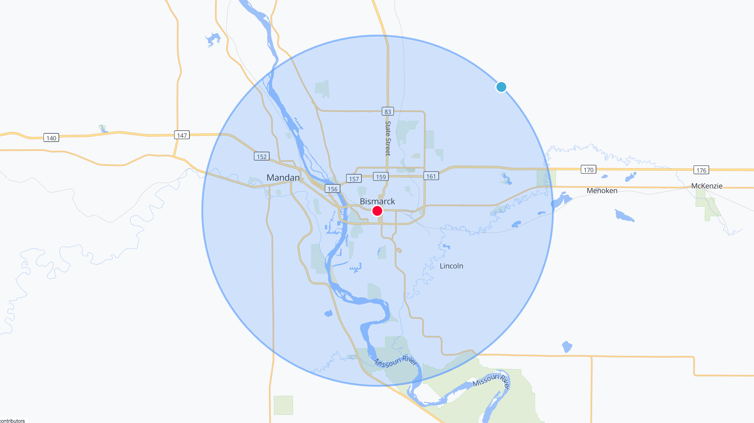 Map showing the Totes on the Prairie delivery radius around Bismarck and Mandan, North Dakota