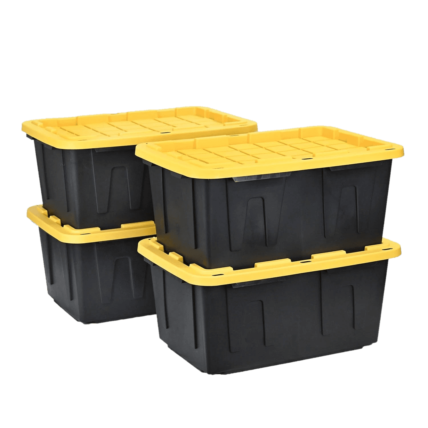 Four stacked black moving totes with yellow snap-on lids